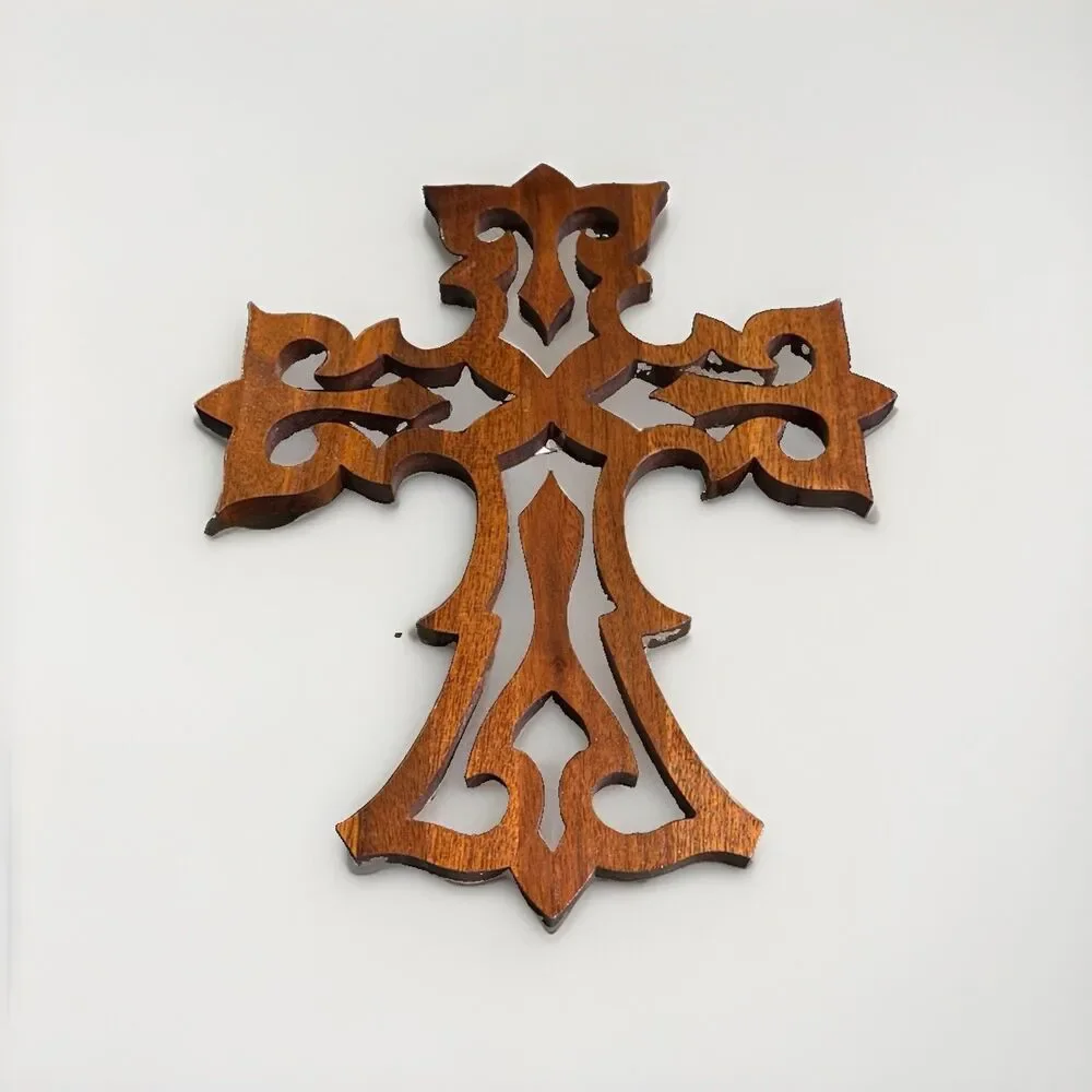 Handcrafted Scroll Saw Cut Oak Cross- for wall hanging 9”x 8-3/4”